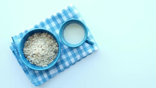 Healthy Breakfast Oats and Milk Overhead Shot