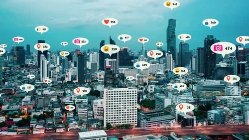 Social Media Icons Fly Over City Downtown Showing People Reciprocity Connection