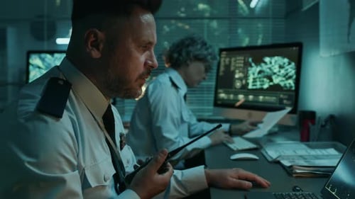 Male Military Intelligence Operative Talking on Radio in Command Center