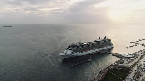 Aerial view of Willemstad port , The capital city of Curaçao. Big celebrity cruise ship.