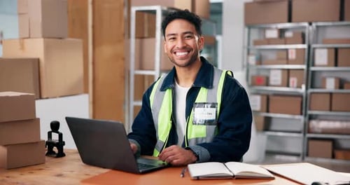 Face, funny and logistics with man in warehouse for delivery, distribution or shipping schedule