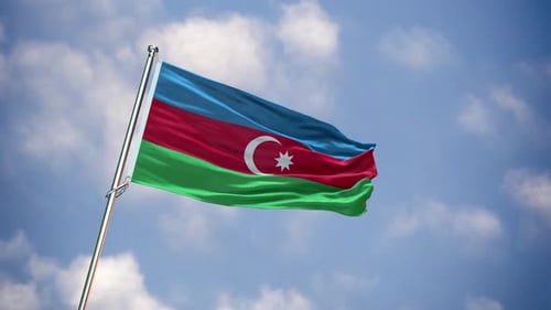 Realistic Azerbaijan Flag Waving Against Cloudy Sky