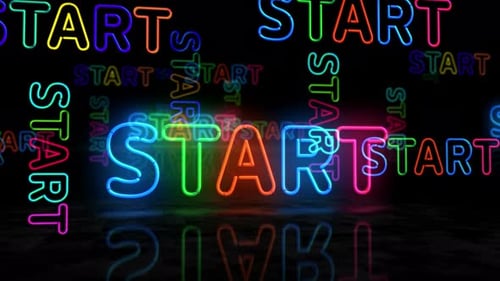 Dynamic Neon START Text Loop with Reflective Floor
