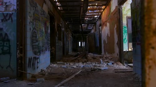 Interior Creepy Hospital Asylum Hallway With Shallow Zoom Featuing Urban Decay