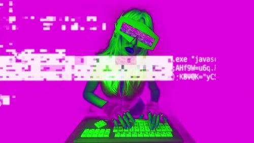 Frau auf einem Computer mit Videobrille