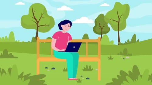 Animated Woman Working on Laptop in Park Flat Style