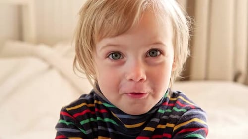 One Little Baby Girl Happy Expression Closeup Face Authentic Real Life Toddler Kid Laugh Indoors 2