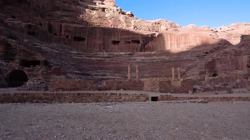 Push In Shot of Ancient Petra Theater Carved Out of Solid Rock With Visible Auditorium Which Consist