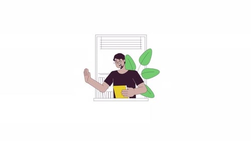 Hombre amable de Oriente Medio en la línea de la ventana, animación de personajes en 2D