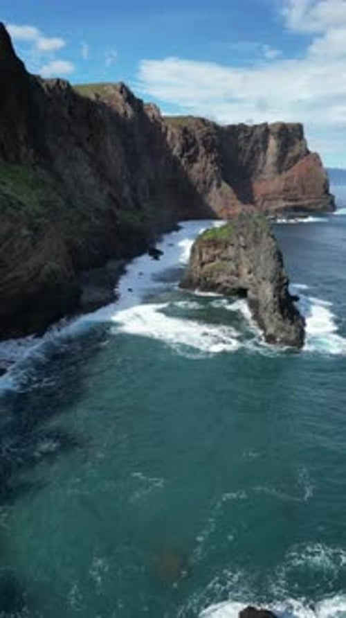 Aerial video of a coastline of cliffs on the island of Madeira, Portugal