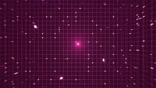 Colorful neon tunnel with grid lines and dots. Data technology background