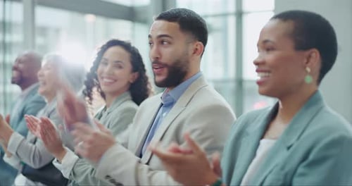 Business applause, success and people or audience in meeting, workshop or presentation with thank
