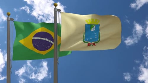 Waving Flags of Brazil and a Brazilian State Against Blue Sky