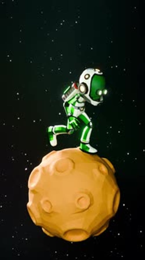 Alien Astronaut Runs Towards Spinning Moon.