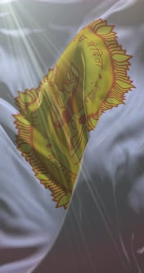 White Hindu Flag with Ornate Golden Emblem Waving