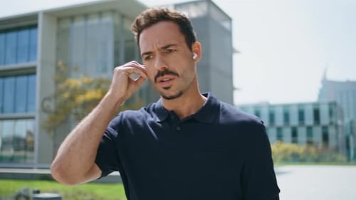 Business Man Putting Earbuds Walking Sunny Street Close Up Boss Calling Phone