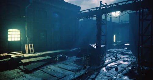 Dark Gritty Industrial Alley with Cinematic Full Moon Background