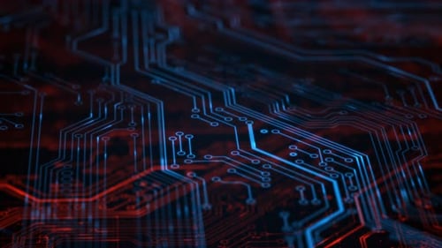 Futuristic Animated Circuit Board with Glowing Data Flow