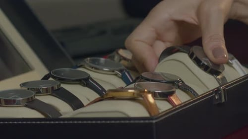 Close-up view, fashion watch accessory box retail sale selection