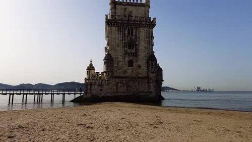 Tilt-up On The Historical Belem Tower In Lisbon, Portugal.