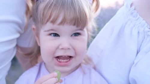 Child Eating Grape with Family Outdoors