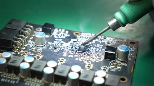 Circuit Board Repair with Soldering Iron Close Up