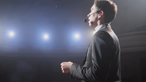 Speech of Business Man Employee at Business Conference for Office Workers Speaker Talks to Audience