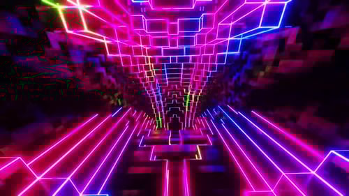 Vibrant neon lights pulse through a dynamic digital tunnel with energetic glow