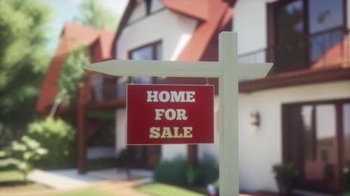 Cinematic View of a for Sale Sign in Front of Modern Home