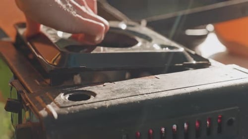 Assembling Burner Parts Outdoors Hands Adjusting Metal Stove in Forest Light Closeup of Hands