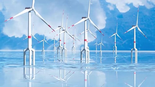 Modern Wind Turbines Generating Clean Energy in Ocean