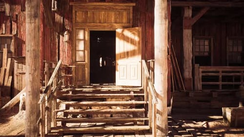 Historic Wooden Entrance of a Rustic Building in a Sunny Outdoor Setting