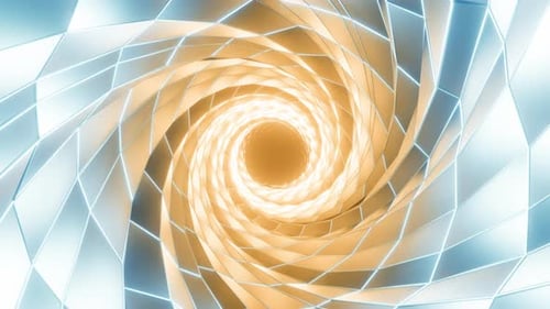 Schleifenförmiger 3D-Animations-Tunnel mit blauen und beigen VFX-Tunneln mit polygonalen Rahmen, abstrakter zyklischer Hintergrund