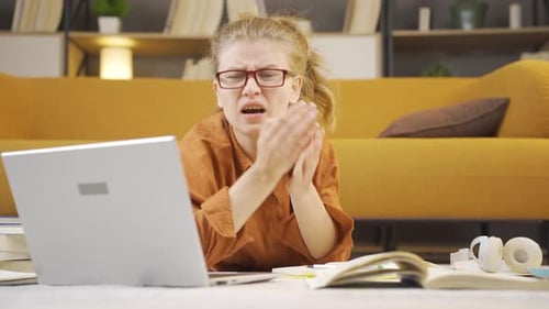 College girl laptop, frustration.