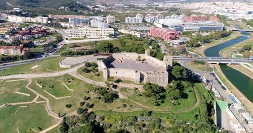 Aerial orbit of historic castle in the suburbs of Fuengirola, Spain.