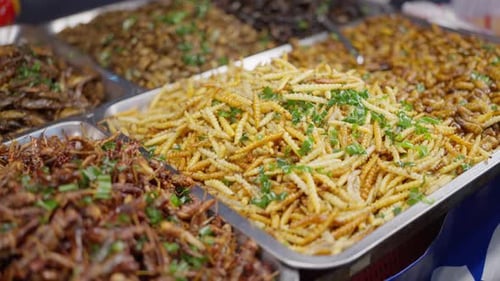 Insectos fritos y escorpiones, vendedor ambulante de comida exótica en Tailandia asiática
