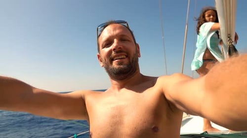 Happy Man Taking Selfie Photos Sailing Boat on Sea, Super