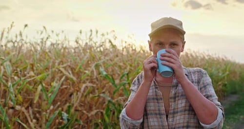 Middleaged Woman Farmer Standing in Corn Field at Sunset Drinking Hot Tea From Mug During Work Break