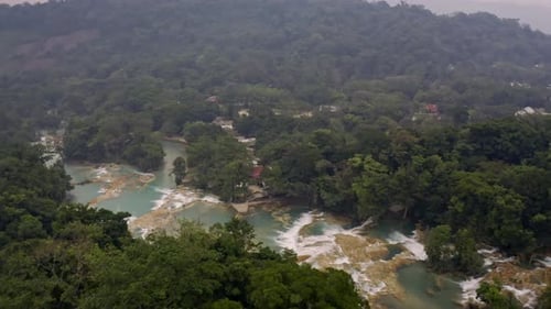 Aerial drone shot of the Agua Azul waterfalls in Chiapas, Mexico