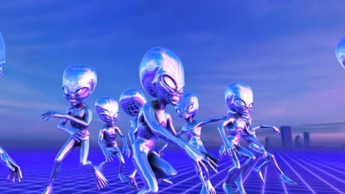 Futuristic Metallic Aliens Dance on Neon Grid with City Skyline
