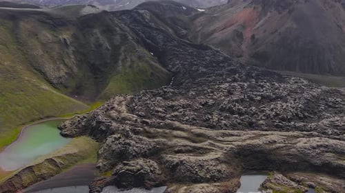 Aerial View of Iceland's Volcanic Terrain and Serene Lake