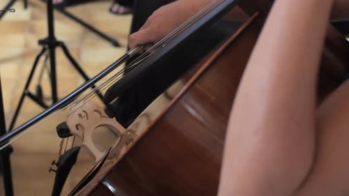female cellist plays cello smoothly with bow in church, slow motion closeup