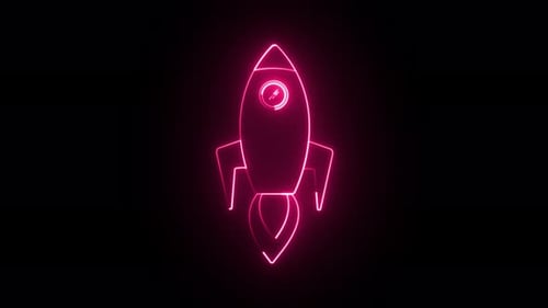 Neon pink rocket launching animation loop on black background