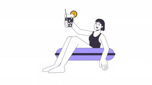 Flat Design Animated Woman Floating with Drink