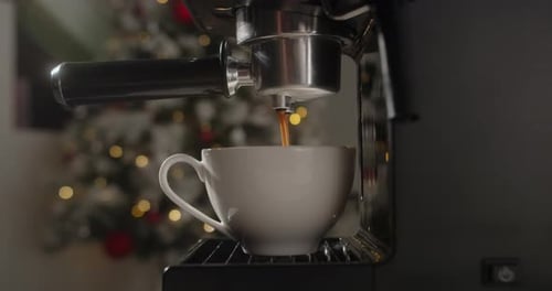 Footage B Roll of Pouring Coffee Stream From Machine in Cup Home Making Hot Espresso Using Filter
