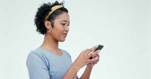 Hand, wave and woman face with phone in studio happy with text, message