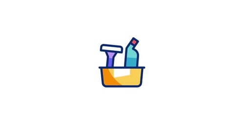 Animated Cleaning Supplies in Bucket Flat Design Icon