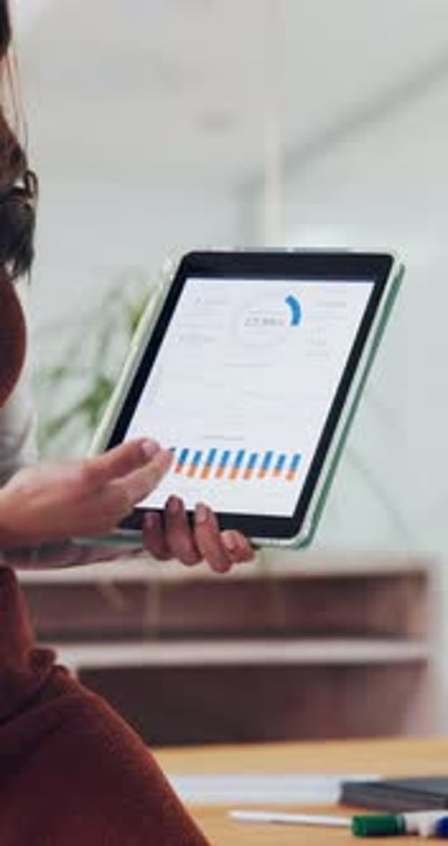 Hands, tablet screen and woman with charts, presentation and financial agency