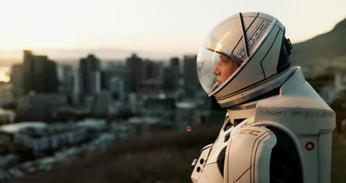 Space, travel and astronaut in city with view, future dystopia and planet discovery in suit