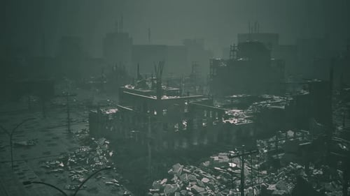 Desolate Urban Landscape Depicting Post Apocalyptic City Ruins at Dusk
